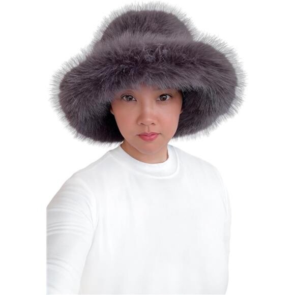 Oversized Winter Faux Fur Bucket Hat for Women Dark Gray - Picture 2 of 5